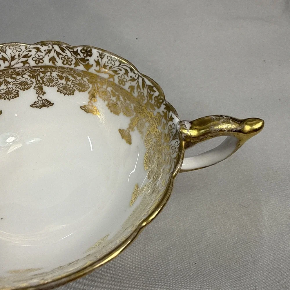 Vintage Royal Stafford 8345 Bone China Teacups White Gold Floral Pair 2 England